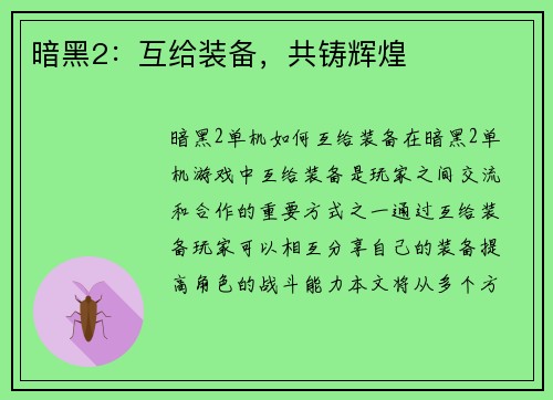 暗黑2：互给装备，共铸辉煌